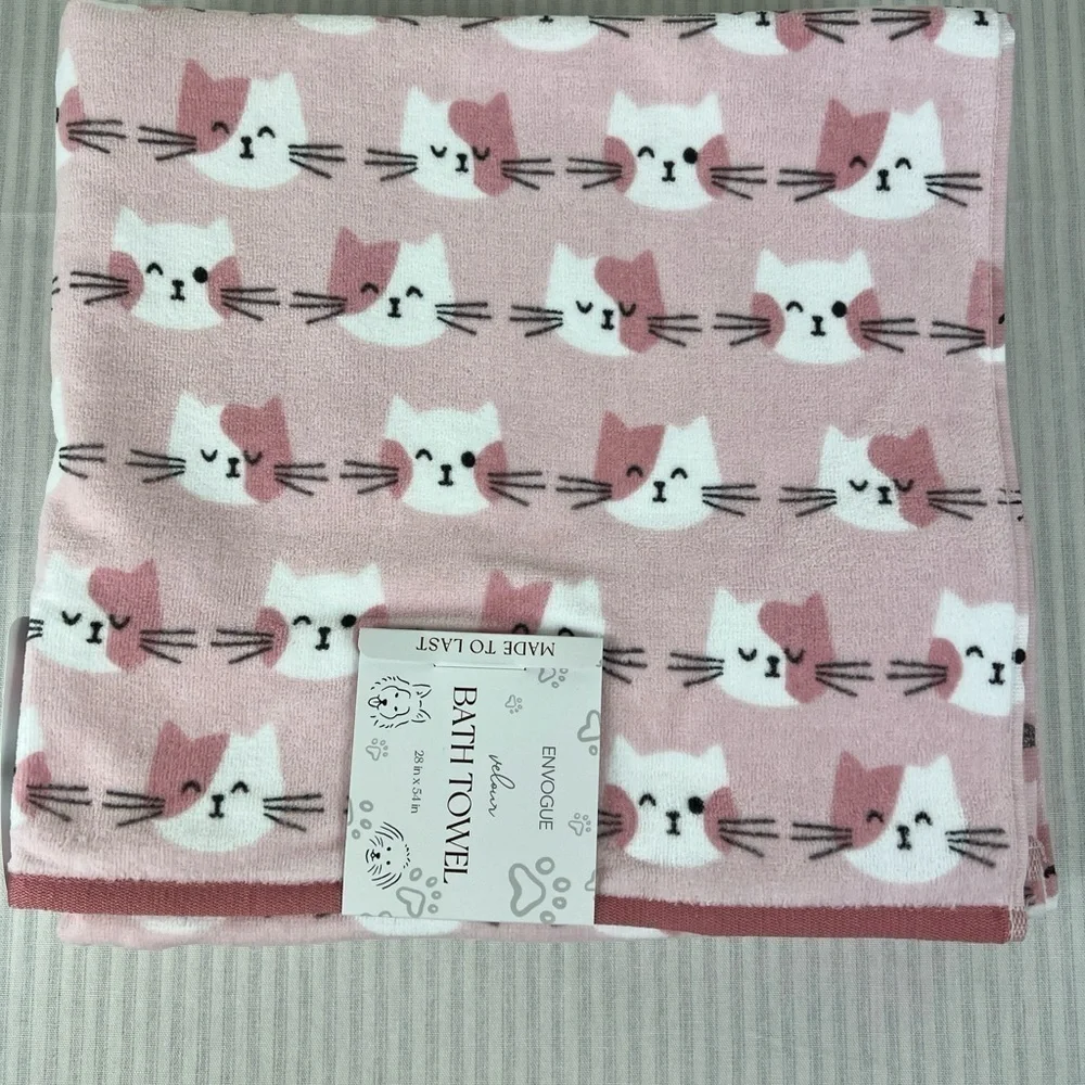 ENVOGUE Cat Kitten Bath Towels Pink White Cotton Velour Soft Set of 2 NEW